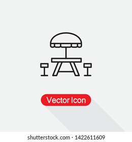 Camping Table and Bench Icon, Umbrella with Table and Chair Icon Vector Illustration Eps10