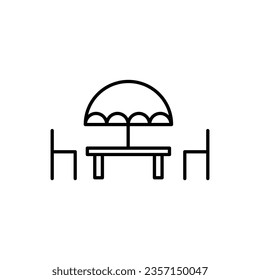 Icono de tabla de acampada y línea de banco. Paraguas con símbolo vectorial del contorno de tabla y silla ilustración plana sobre fondo blanco..eps