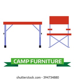 Camping table and chair vector icons. Hiking folding furniture illustration isolated on white background. Tourist chair and table flat design pictogram.