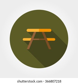 Camping table. Icon for web and mobile application. Vector illustration of a button with a long shadow. Flat design style.