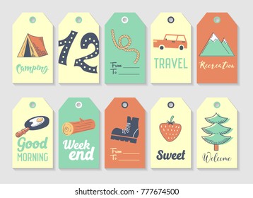 Camping Tags and Labels Freehand Style. Picnic and Travel Childish Doodle for Decoration. Vector illustration