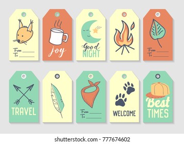 Camping Tags and Labels Freehand Style. Picnic and Travel Childish Doodle for Decoration. Vector illustration