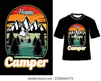 camping trip? Take a look at this Happy Camper T-shirt, which features a tent, a cozy fire, and a magnificent mountain scene.