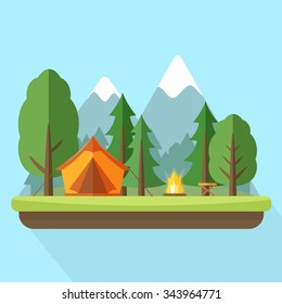 Camping with tend and bonfire and nature landscape. Flat style vector illustration.