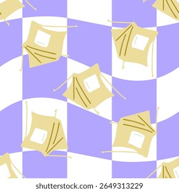 Camping Tent Adventure Pattern (em inglês). Padrão contínuo com tendas de acampamento bege em fundo roxo ondulado. Estilo exterior de desenho animado plano.