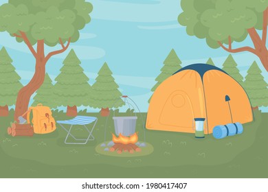 paisaje de equipo de mochila de tienda de campaña