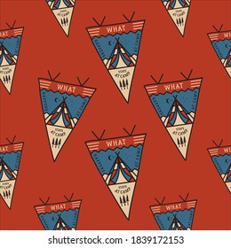 Camping tent badges pattern with pennants. Adventure seamless background with text, tent and trees. Stock vector texture