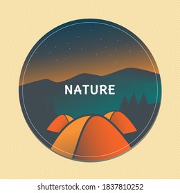 Camping with tent and beautiful night sky. Scenery vector illustration. 