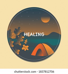 Camping with tent and beautiful night sky. Scenery vector illustration. 