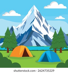 Camping tent below a mountain scene, Camping and Adventure concept