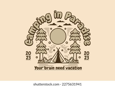 Camping tent between two big pine trees illustration design