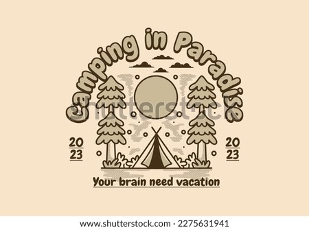 Camping tent between two big pine trees illustration design