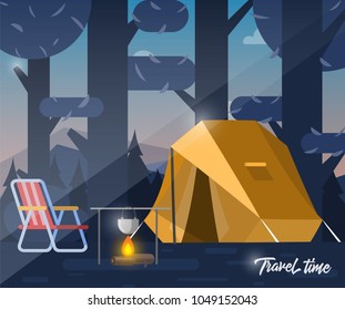 Camping, tent and bonfire in the evening in a flat style. Vector illustration