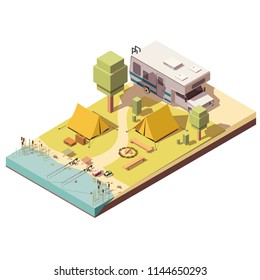 Camping with tent, bonfire, fishing rod and camper van. Isometric 3d vector illustration.