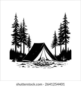 Camping tent and bonfire in forest illustration for outdoor adventure and nature themed designs