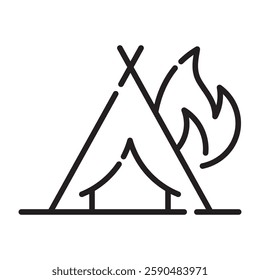 Camping tent with bonfire outline icon, outdoor adventure symbol, black and white vector illustration isolated on white background.