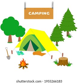 Camping tent bonfire trees grass in the vector