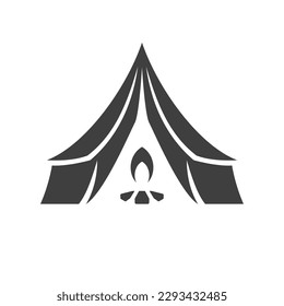 Camping tent with burning bonfire touristic expedition halt vintage icon design vector illustration. Camp exploration summer travel adventure nature outdoor hiking recreation monochrome logo