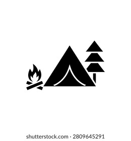 Camping tent with burning fire and trees solid vector icon.