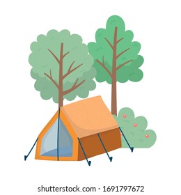 camping with tent, bush, apples fruit foliage trees. nature cartoon vector illustration