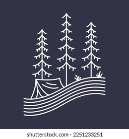 Camping Tent by the River in the Forest Monoline Design for Apparel