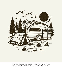 Camping Tent and Camper Van, Mountain Forest Adventure Scene, Vintage Outdoor Travel Illustration