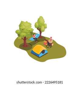 Camping tent with campers, logs and hammock isometric 3d vector illustration concept for banner, website, illustration, landing page, flyer, etc.