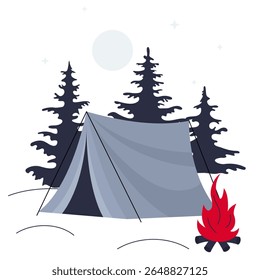 camping tent and campfire in coniferous forest