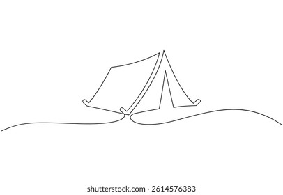 Camping Tent with Campfire Continuous Line Drawing, One continuous line illustration of a tent, isolated on white background.