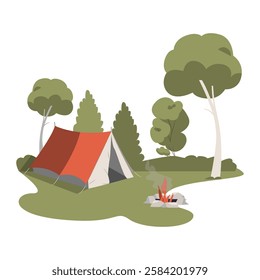 Camping Tent With Campfire In Flat Vector Illustration Symbolizing Outdoor Adventure, Wilderness Exploration, And Nature Retreat, Isolated On White Background