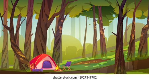 Camping tent with campfire and tourist stuff in forest, traveler halt with backpack, chair and mat on nature landscape with deciduous trees. Scenery summer or spring wood Cartoon vector illustration