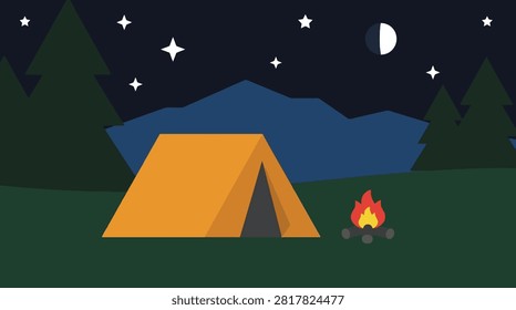 Camping tent and campfire under night sky with stars campfire mountains