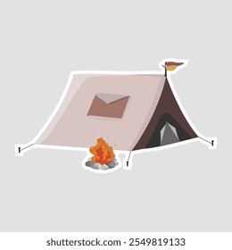 Camping Tent with Campfire Vector Illustration Sticker. A cozy camping tent and campfire illustration sticker, ideal for outdoor adventure themes, camping projects, and travel designs