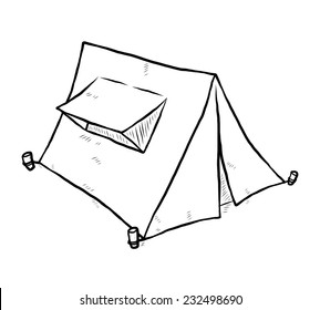 camping tent / cartoon vector and illustration, black and white, hand drawn, sketch style, isolated on white background.