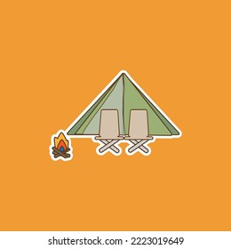 Camping Tent with chairs and fire.