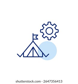 Camping tent and cogwheel. Outdoor gear settings, campsite management, equipment configuration, adventure planning tools, camping system control. Pixel perfect, editable stroke vector icon