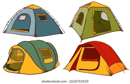 Camping Tent Color Set. Outdoor Adventure and Travel Elements. Minimal Vector Collection
