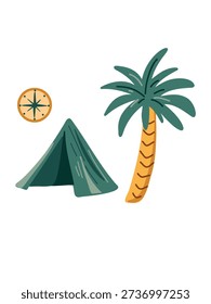 camping tent with compass under tropical palm tree