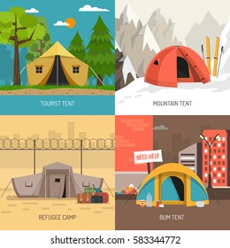 Camping tent concept 4 icons square design with family summer and winter sportive models isolated vector illustration 