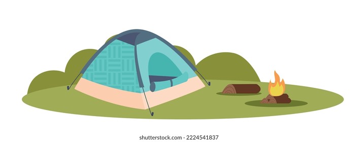 Camping tent concept. Tourism and outdoor recreation, active lifestyle and hobby, adventure. Hike and woodland, forest landscape. Poster or banner for website. Cartoon flat vector illustration