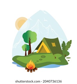 Camping in a tent, country life. Vector illustration in flat style, suitable for logo, icon, print