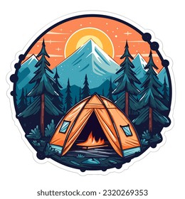 Camping in a tent in the countryside. A family holiday in a tent. Cartoon vector illustration. label, sticker, t-shirt printing