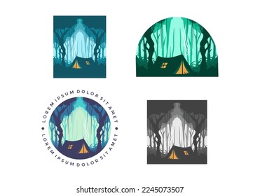 Camping tent in a dense forest flat illustration design