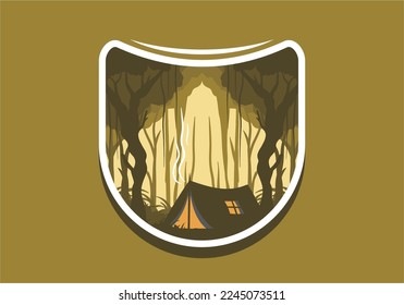Camping tent in a dense forest flat illustration design