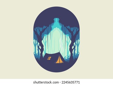 Camping tent in a dense forest flat illustration design