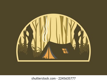 Camping tent in a dense forest flat illustration design