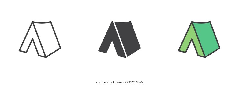 Juego de iconos de estilos diferentes para la tienda de campaña. Línea, glifo y contorno relleno versión colorida, contorno y signo vectorial relleno. Símbolo de refugio, ilustración del logo. Gráficos vectoriales
