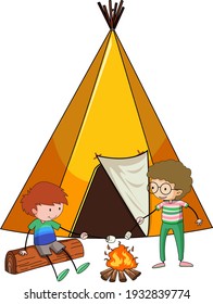 Camping tent with doodle kids cartoon character isolated illustration