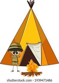 Camping tent with doodle kids cartoon character isolated illustration