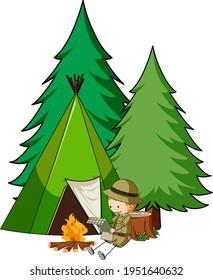 Camping tent with doodle kids cartoon character isolated illustration